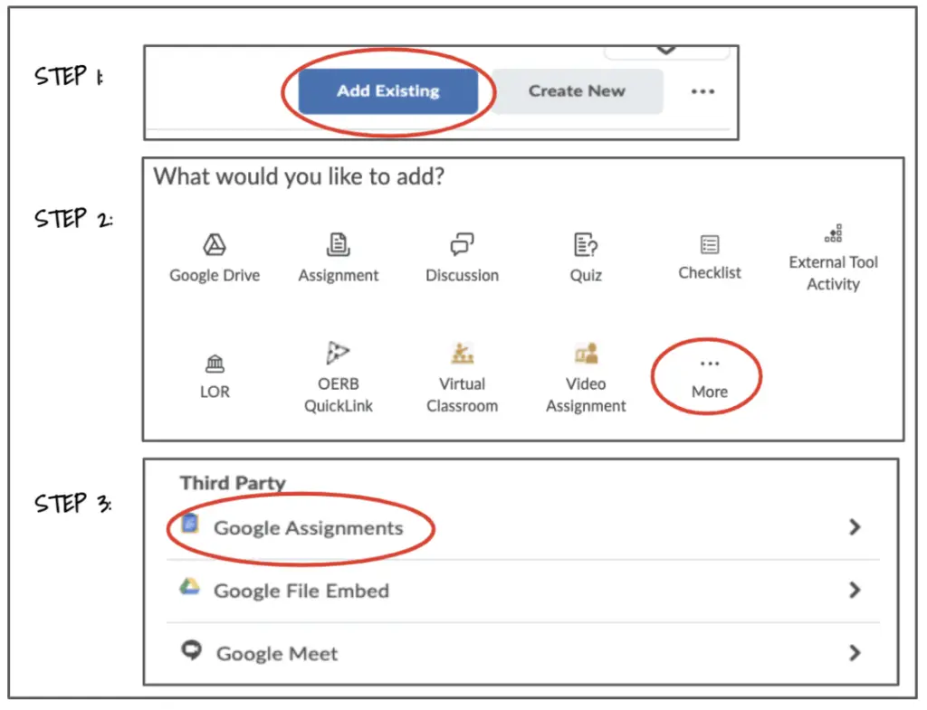 Screenshots of the steps you take to add a Google Assignment.