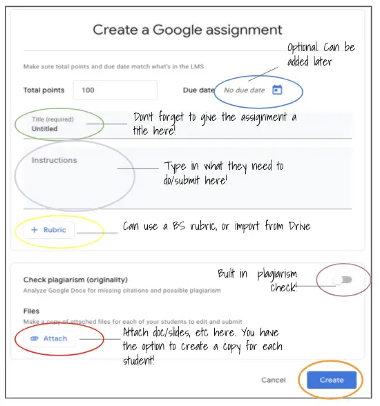 Screenshot highlighting the different areas within a Google Assignment for the teacher to set up.
