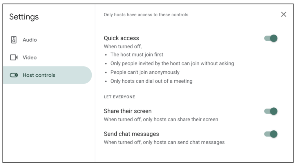 All of the different Host Settings in Google Meet