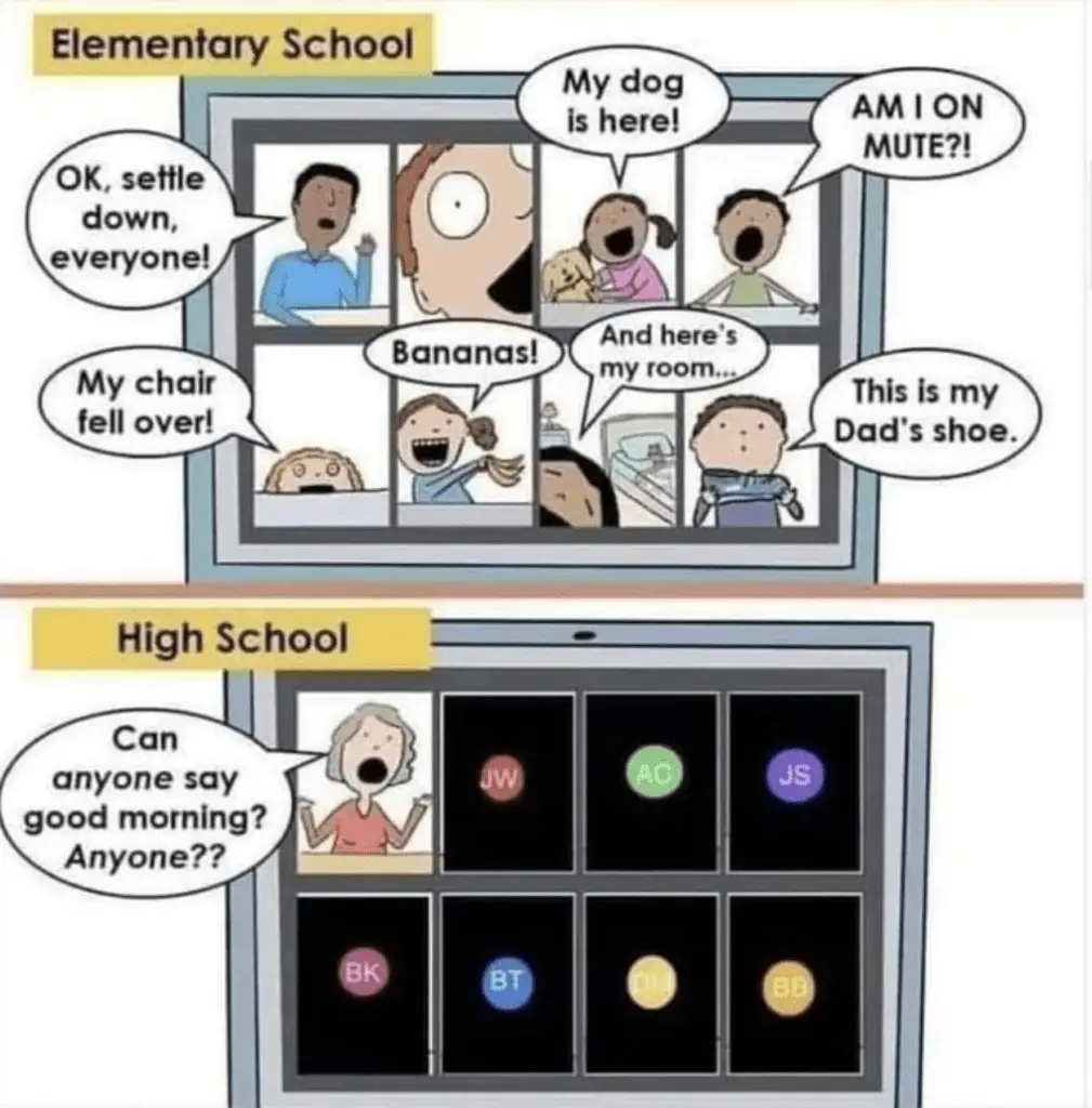 Cartoon image showing elementary students on Google Meet or Zoom vs high school students initials/profile pictures.
