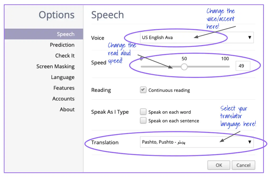 Google Read&Write Settings Menu - Voice/accent, speed and translation language