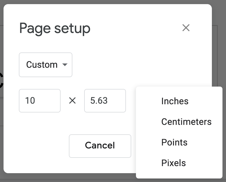 Options to change slide dimensions in Google Slides: Inches, Centimeters, Points, Pixels