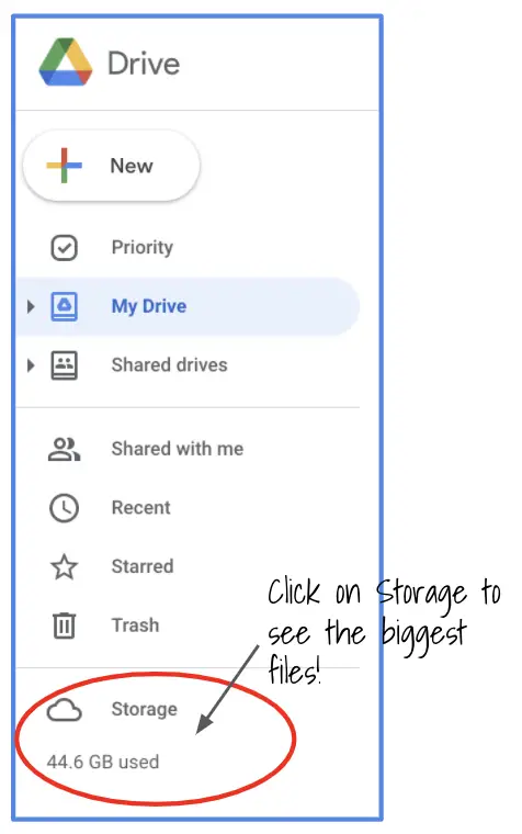 Storage totals, and those bigger files taking up space, can be found in your Google Drive - at the bottom left of your Drive locations.