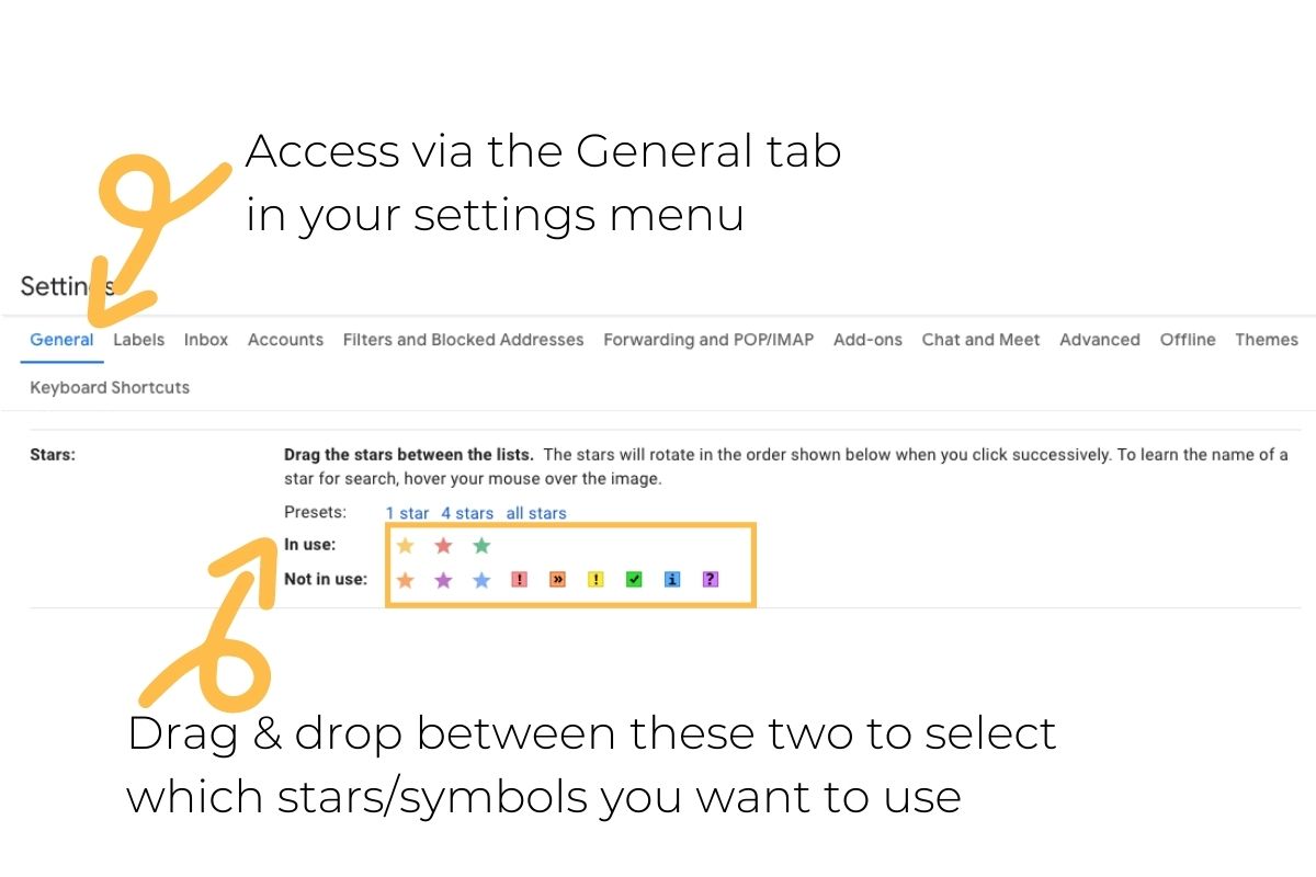 Star and symbol options in the Gmail settings panel