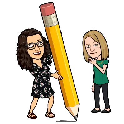 Bitmoji of Katie and Rachel holding a life size pencil.