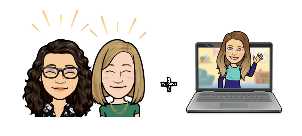 Bitmoji of Katie and Rachel smiling, and Caitlin's bitmoji coming out of a laptop