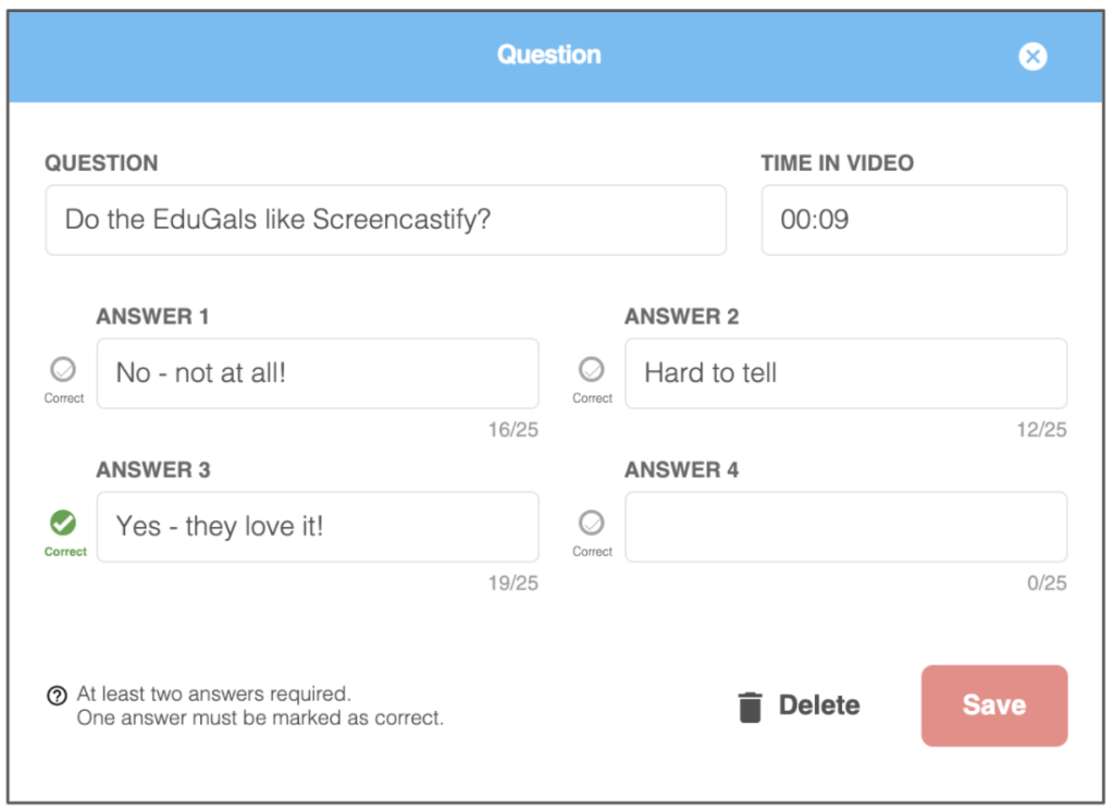 Screenshot of the Question window where you input all of the information for you multiple choice question. 