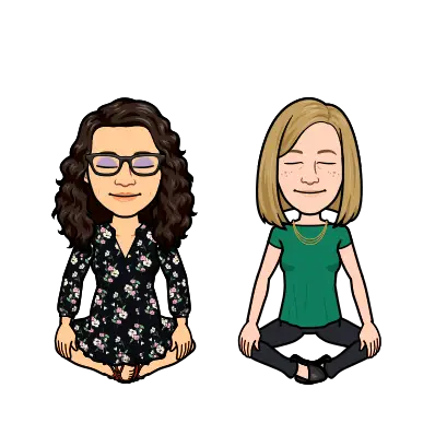 Bitmoji of Katie and Rachel sitting and meditating with their eyes closed.