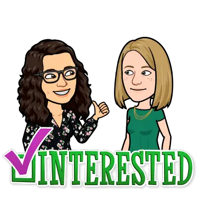 Bitmoji of Katie and Rachel; text: "Interested" with a checked box