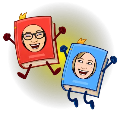 Bitmoji of Katie and Rachel; They are books with stickmen arms and legs, and their faces are smiling in the centre of the books.