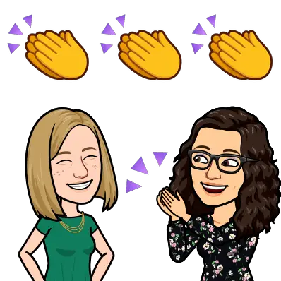 Bitmoji of Rachel and Katie; 3 hands clapping emojis above them