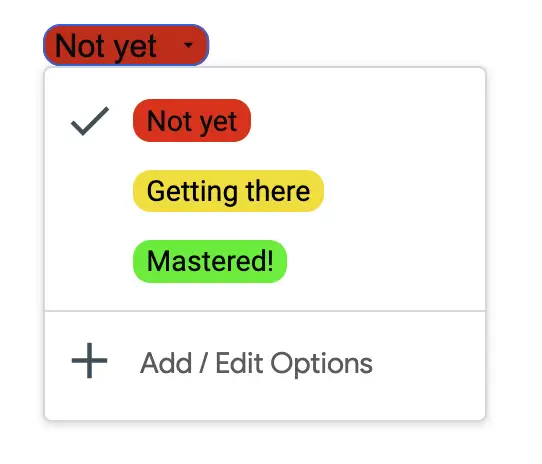 Dropdown chip in Google Docs; Dropdown options are: Not yet (with a red background), Getting there (with a yellow background), and Mastered! (with a green background)