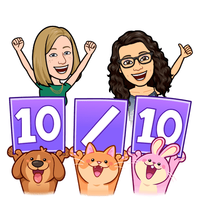 Bitmoji of Rachel and Katie cheering with a dog, cat and rabbit carrying a sign each that together say "10/10"