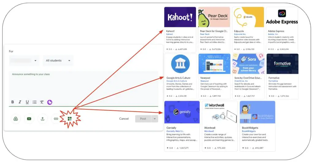 Image of the Google Classroom Add-ons button with arrows pointing to the apps that can be connected
